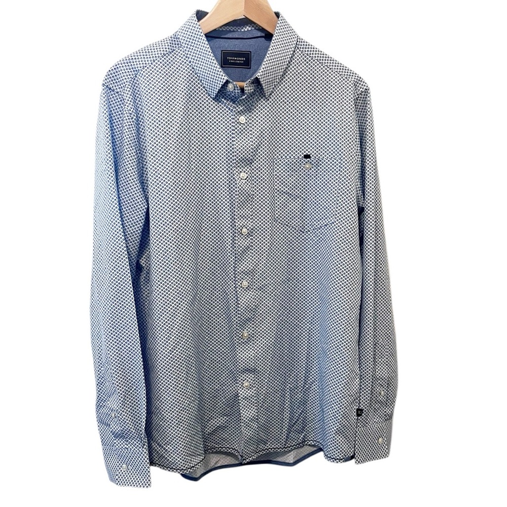 7 Diamonds Liberty Blue and White Geometric 4 Way Stretch Woven Shirt